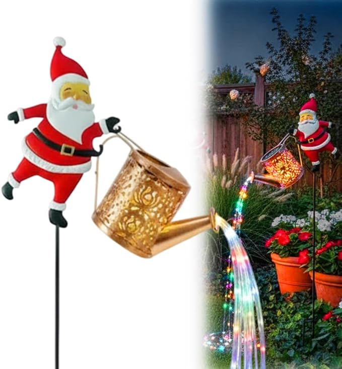 Christmas Santa Solar Kettle Lights Garden Lawn Decorative Lights, Hanging Metal Solar Santa Claus Watering Can Light for Outdoor, Xmas Yard Decor Lamp Vintage Lantern for Patio Path (Multi)