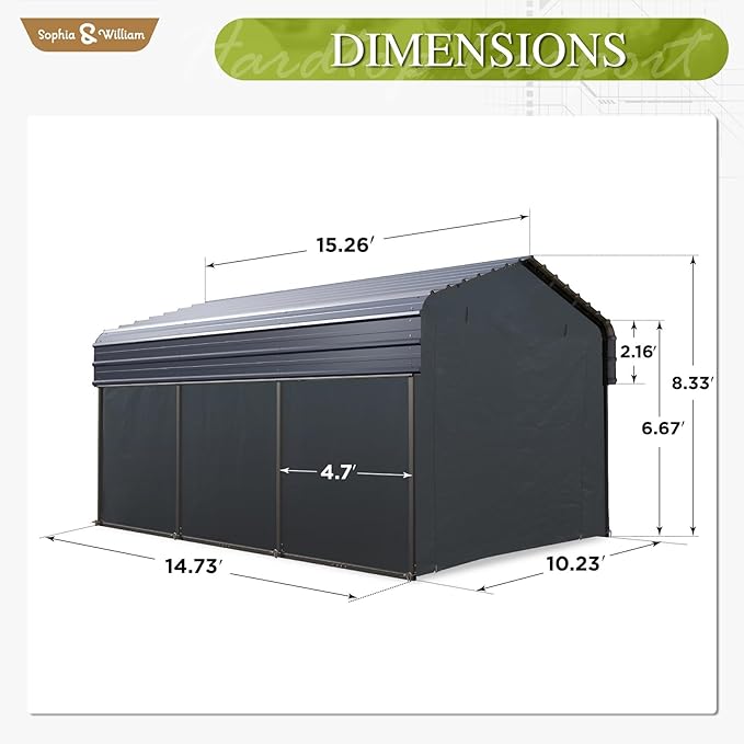Carport Car Port Metal Canopy 10x15 ft Heavy Duty for Snow, Portable Garage Kit Shed Tent Shelter Metal Frame All Weather Outdoor for Boat with Removable Sidewalls, Dark Grey, Sophia & William