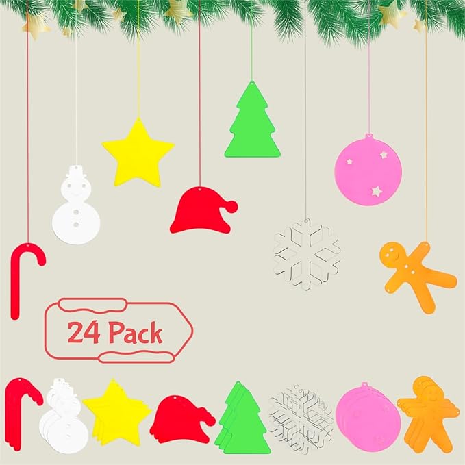 24Pcs 2026 Christmas Ornaments Decorations, Trends Acrylic Christmas Pendants for Tree, Include Snowflake/Candy Cane/Santa Hat/Gingerbread Man/Star/Round Ball/Snowman/Tree