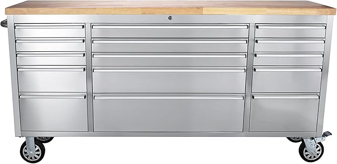 Heavy Duty 72-Inch Rolling Tool Chest with 15 Drawers & Rubber Wood Top, Stainless Steel Mobile Workbench Cabinet, Lockable Drawers & Casters for Garage, Workshop - Silver Finish