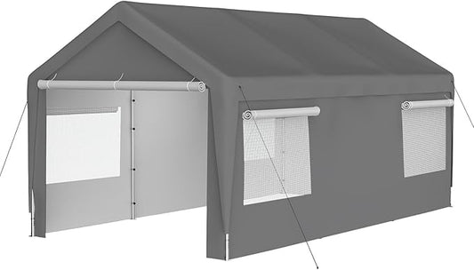 Carport, 10x20 ft Heavy Duty Carport Canopy with Removable Sidewalls and Doors, Portable Garage with Roll-up Ventilated Windows Storage Shelter for Car, Truck, SUV, Boat