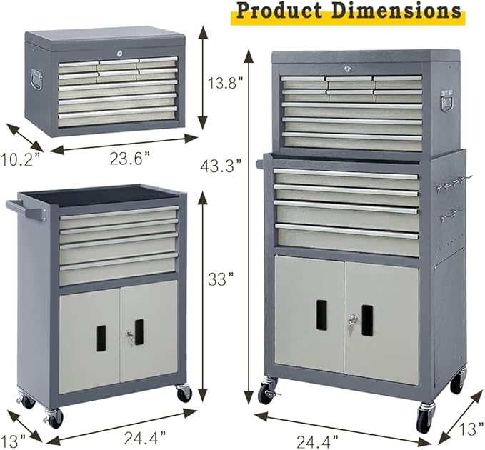 13-Drawer Rolling Tool Chest with Double Door Handle, 2 in 1 Detachable Tool Chest, Large Tool Storage with Wheels, Lockable Tool Cabinet for Garage, Barbershop-Gray
