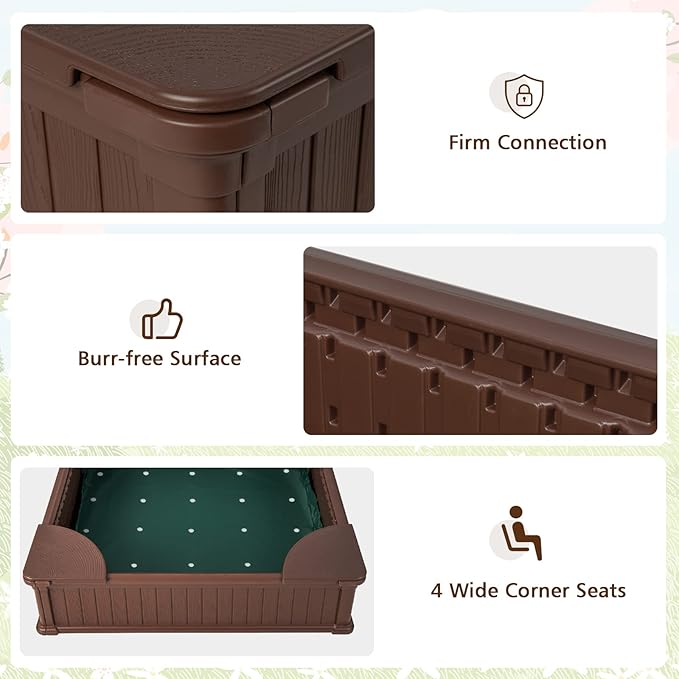 Costzon Kids Sandbox with Cover, 4ft x 4ft HDPE Sandpit with Oxford Cover, Bottom Liner, 4 Corner Seats, Weather Resistant Outdoor Sand Pit for Backyard Lawn Garden Beach (Dark Brown)