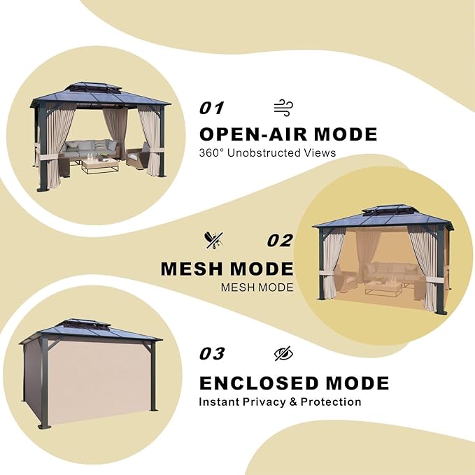 10x12 Hardtop Gazebo with Curtains & Netting, Double Roof Polycarbonate Canopy, Heavy-Duty Aluminum Frame Pergola for Patio, Garden, Deck – All-Weather UV & Rust Resistant