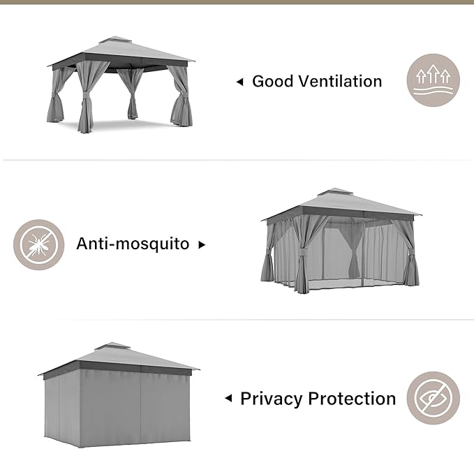 LAUSAINT HOME Semi-Permanent Patio Gazebo 12'x12' with Expansion Bolts, Outdoor Heavy Duty Party Shelter with Double Roofs, Mosquito Nettings and Sidewalls for Backyard, Garden, Lawn, Smoke Grey