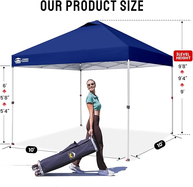 CROWN SHADES 10x10 Pop Up Canopy - Beach Tent with One Push Setup - Easy Outdoor Sun Shade for Events, Parties, Camping - Gazebo with STO-N-Go Cover Bag, Silver Coated Top, Navy Blue