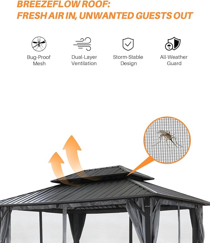 10' x 12' Hardtop Gazebo, Aluminum Frame Outdoor Patio Gazebo with Netting and Curtains, Outdoor Hardtop Gazebos, Patio Pergolas with Double Metal Roofs for Backyard, Patio, Deck, Slate Gray