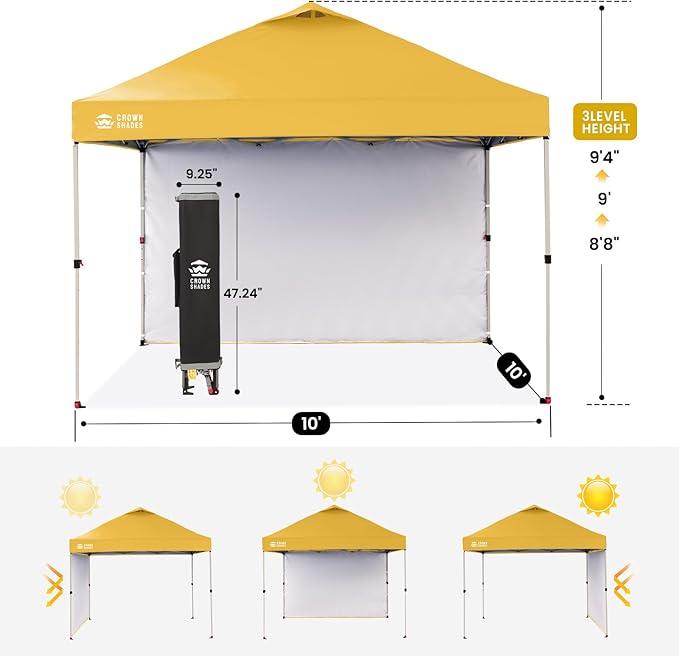 CROWN SHADES 10x10 Pop Up Canopy with 1 Side Wall - Beach Tent with One Push Setup - Outdoor Sun Shade for Events, Parties, Camping - Gazebo with STO-N-Go Cover Bag (Yellow)
