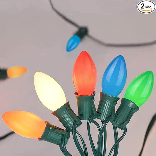 C9 Multicolor Christmas Lights Outdoor, 25Ft Vintage Christmas String Lights with 26 Colorful Ceramic Bulbs, Hanging Patio Lights for Outdoor Roofline Christmas Tree Garden Pathway Decor, Green Wire