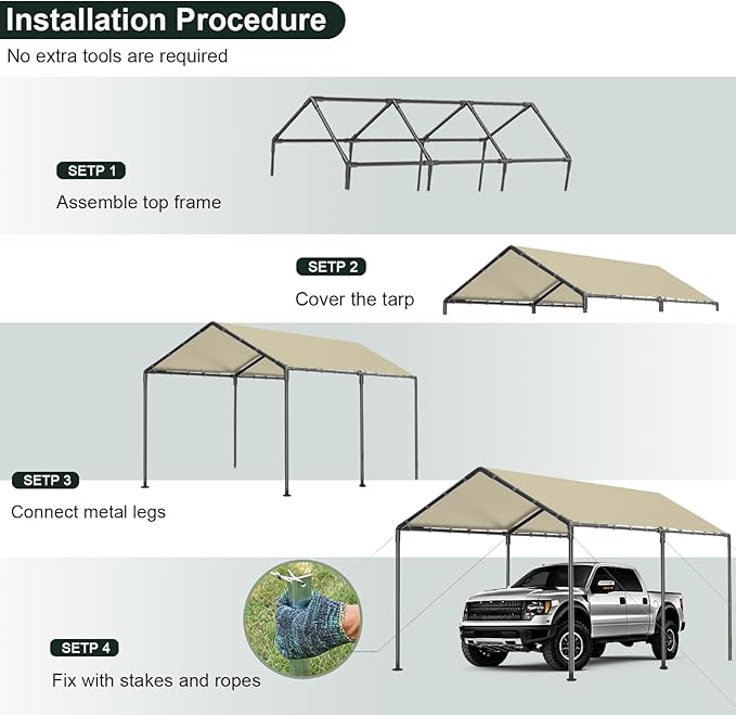 10x20 Heavy Duty Carport, Outdoor Carport Shelter with Reinforced Frame and Stakes, Waterproof Garage Car Port Tent (Beige)