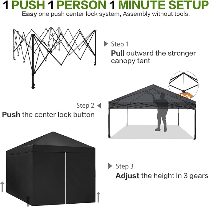 10X10 Comercial Pop Up Canopy Tent with 4 Sidewalls and 6 Pockets, One Push Setup Center Lock, for Beach Patio Outdoor, Case, 8 Stakes, 4 Ropes, 4 Sandbags (Pitch Black)