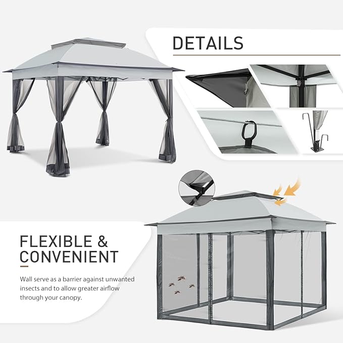 COOS BAY 11x11 Pop Up Gazebo with Mesh Netting, Instant Outdoor Canopy Tent, Water Resistant Shelter with UPF 50+ UV Protection, 121 Sq Ft Coverage, Gray