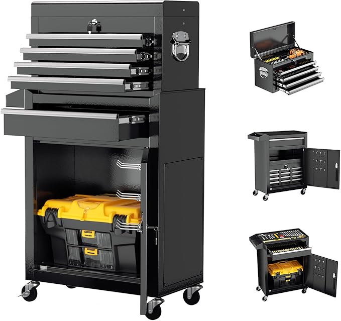 Crownland 5-Drawer Rolling Tool Chest with Wheels, Lockable 2 in 1 Detachable Tool Cabinet wit Drawers and Black Liners, Garage Top Toolbox & Bottom Storage Cart with Side Hooks(Black)