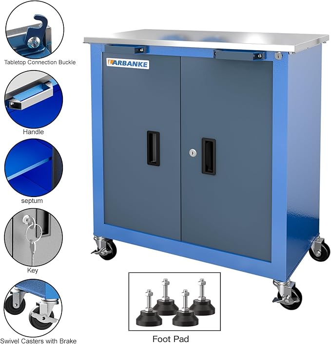 Combination Tool Chest with Lock,5-Drawer/2 Door Tool Cabinet can be Interconnected,Rolling Tool Chest with Wheels and Padded Feet,with Stainless Steel Protective Film Countertop