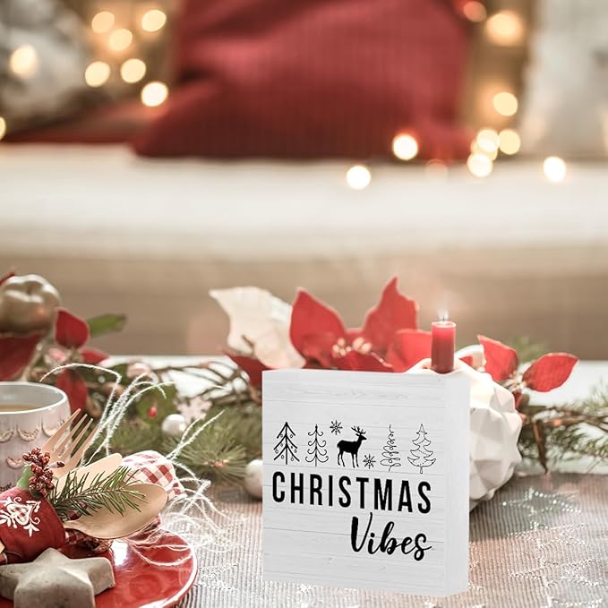 Christmas Sign Christmas Tree Elk Decor Christmas Vibes Sign Christmas Decorations Indoor Winter Desk Accessories Decorations for Table Home Shelf Office Gifts for Women 5 X 5 Inch