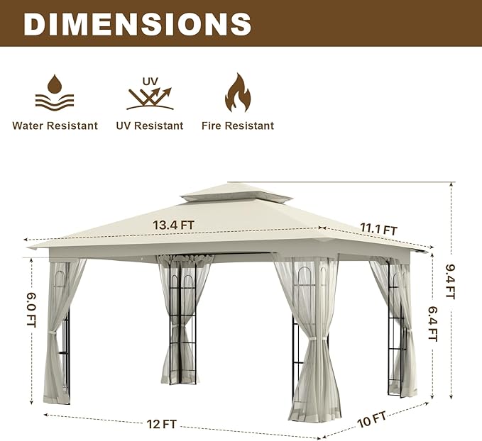 10x12 Outdoor Gazebo Tent with Netting, Double Roof Patio Gazebo with Soft Fabric Top, Outdoor Pavilion for Backyard Patio Garden Lawn, Beige