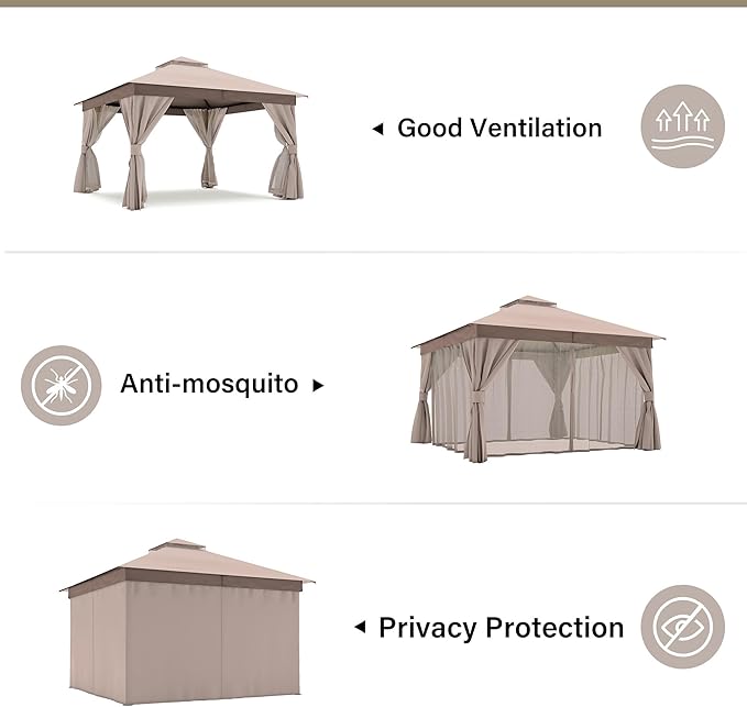 LAUSAINT HOME Semi-Permanent Patio Gazebo 12'x12' with Expansion Bolts, Outdoor Heavy Duty Party Shelter with Double Roofs, Mosquito Nettings and Sidewalls for Backyard, Garden, Lawn, Champagne Khaki