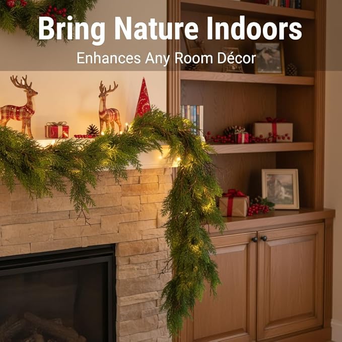 2 pcs 6ft Christmas Real Touch Cypress Garlands with Withered Branches,Suitable for Gifting,Faux Pine Garlands for Xmas Decoration Indoor Stairs Table Railing Fireplace Outdoor (2，6FT)