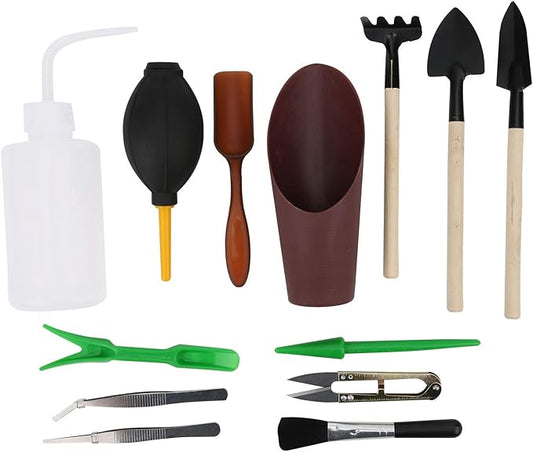 13pcs Mini Garden Tool Set Succulent Tools Bonsai Planting Kit with Stainless Steel Shovel Rake for Digging Watering Transplanting Indoor Plants