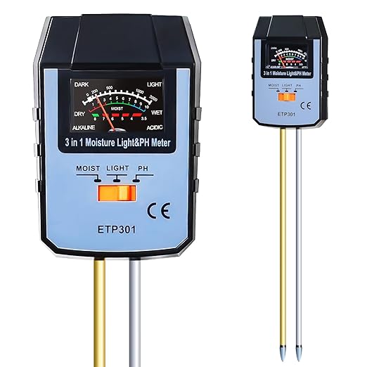ALLOSUN Soil Moisture Meter for Plants, 4 in 1 Soil pH Tester/pH Meter for Water/Light Meter for Plants, Indoor, Garden, Farm, Lawn, No Battery Required