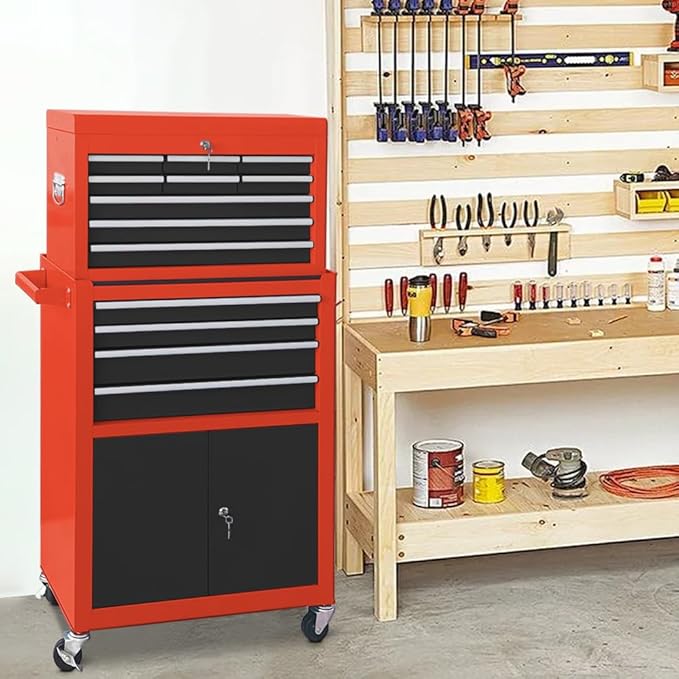 13-Drawer Tool Chest with Double Door and wheels, Large Detachable Toolbox with Sliding Drawers, Mechanic Tool Box Storage Cabinets, Metal Tool Cart for Garage Workshop (RED£¦BLACK)