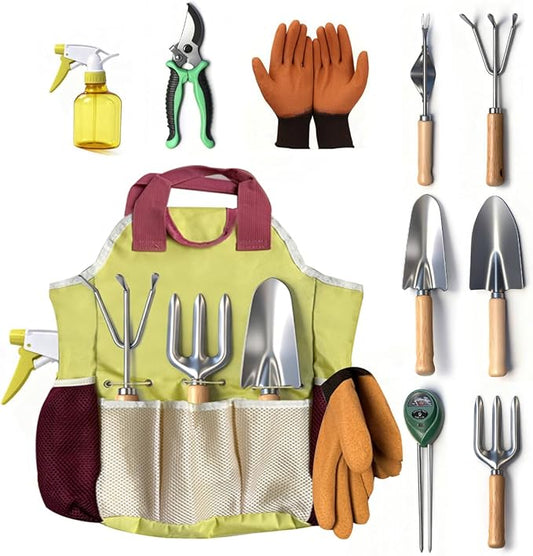 10-Piece Premium Gardening Tool Set—Includes A Moisture Meter, Heavy-Duty Rust-Resistant Stainless Steel Tools with A Storage Carry Bag. The Perfect Gardening Gift for Both Men and Women (Pink)