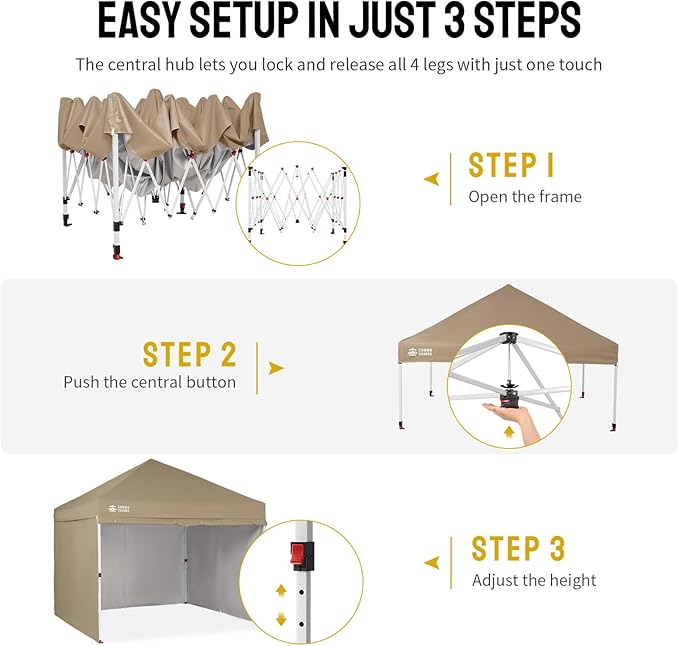 CROWN SHADES 10X10 Comercial Instant Canopy Pop Up Tent with Center Lock (10x10 with 4 Sidewalls, Beige)