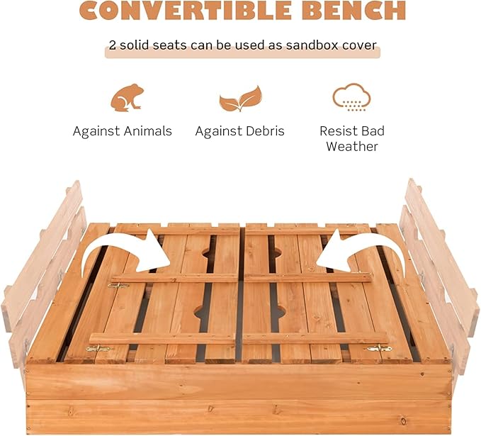 Costzon Kids Sandbox with Lid, 47 x 47in Sand Pit w/ 2 Convertible Bench Seats & Protective Bottom Liner, Cedar Wood Outdoor Sand Box for Backyard Home Lawn Garden Beach (with Backrest)
