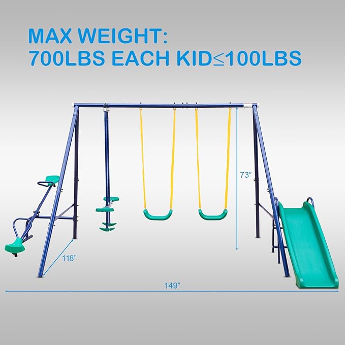 Swing Set for Kids Backyard Playground A-Frame Heavy-Duty Metal Swing Sets with Slide Outdoor (5 in 1)