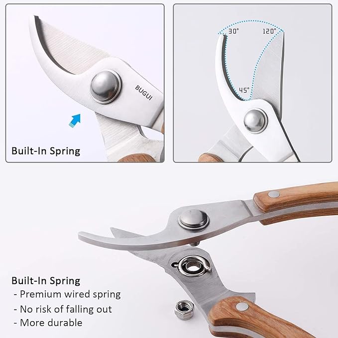 BUGUI Wood Handle Pruning Shears, SK-5 Steel Blade, 1-inch Cutting Capacity, Sharp, Well Designed Garden Shears, 8