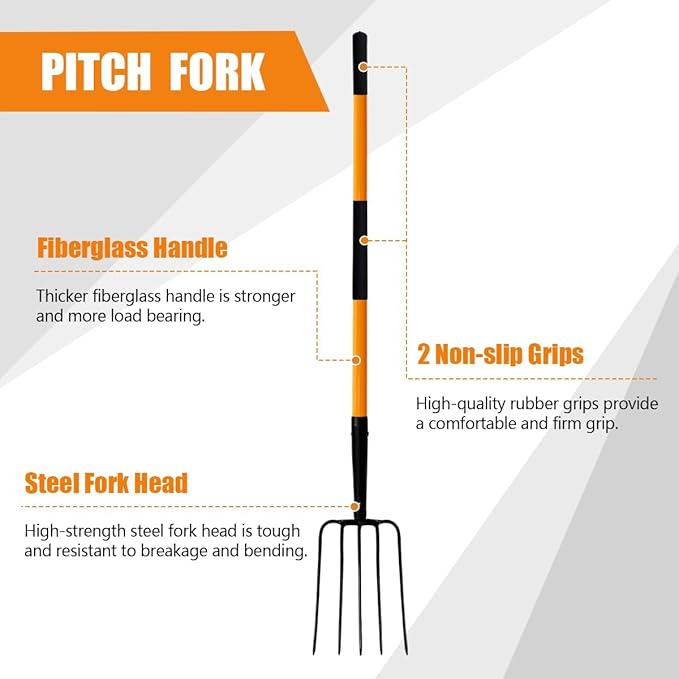 Pitch Fork-58 Inch£¬5-Tine Steel Garden Fork Heavy Duty, Mulch with Cushion Grip, Orange Fiberglass Handle