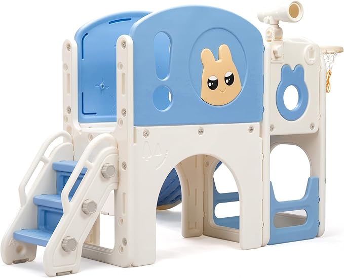 8-in-1 Toddler Slide and Climber Playset, Kids Slide Playground with Stairs, Tunnel, Telescope, Storage, Basketball Hoop and Ball, Indoor Outdoor, 1-3 Years Old, Blue