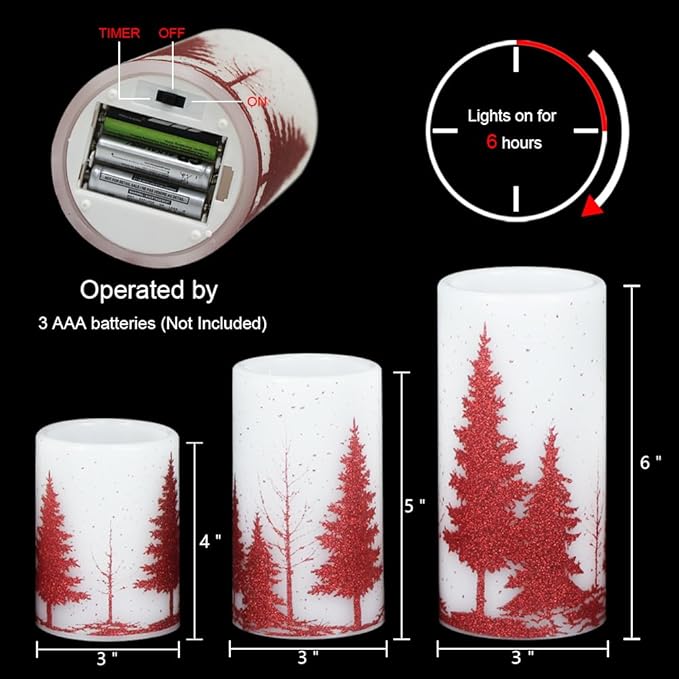 GenSwin Christmas Flameless Candles with Timer, Red Christmas Tree LED Flickering Candles Real Wax, 3 Pack Pillar Fake Candle for Winter Indoor Fireplace Christmas Decor Table(D3” x H4”5”6”)