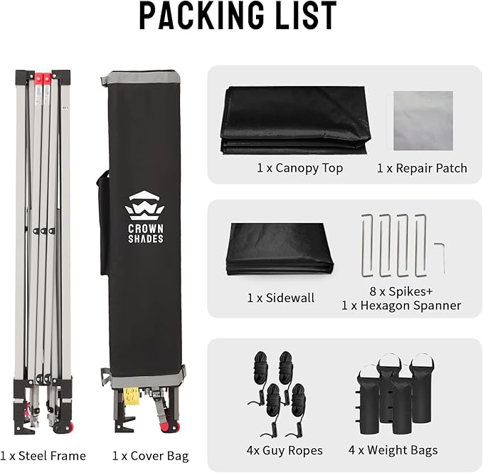CROWN SHADES 10x10 Pop Up Canopy with 1 Side Wall - Beach Tent with One Push Setup - Outdoor Sun Shade for Events, Parties, Camping - Gazebo with STO-N-Go Cover Bag (Black)