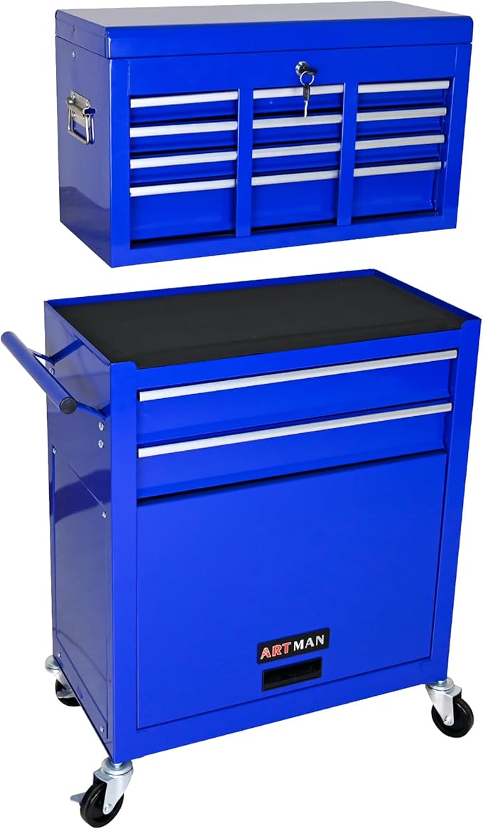 High Capacity Rolling Tool Chest with Wheels and 8 Drawers,Metal Storage Tool Cabinet W/Mobile Case,Pull Handle,4 Hooks,for Workshop Mechanics Garage,Blue