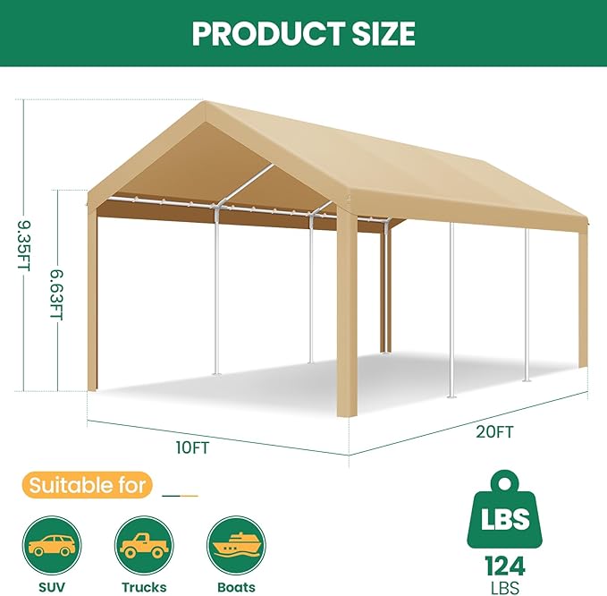 COBIZI Carports 10x20 Heavy Duty Canopy Car Garage with Windproof Ropes & Built-in Sandbags, Car Port Canopy Tent Waterproof & UV Protected for Car Boat Truck, Khaki