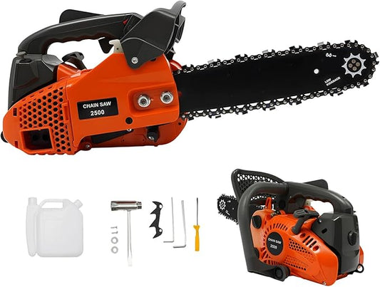 12Inch Top Handle Gas Chainsaw 25.4cc 2-Stroke Petrol Handheld Cordless Chain Saw Portable Chain Saws with Quick Start for Professional Tree Wood Cutting, Sack Sawing, Green Pruning