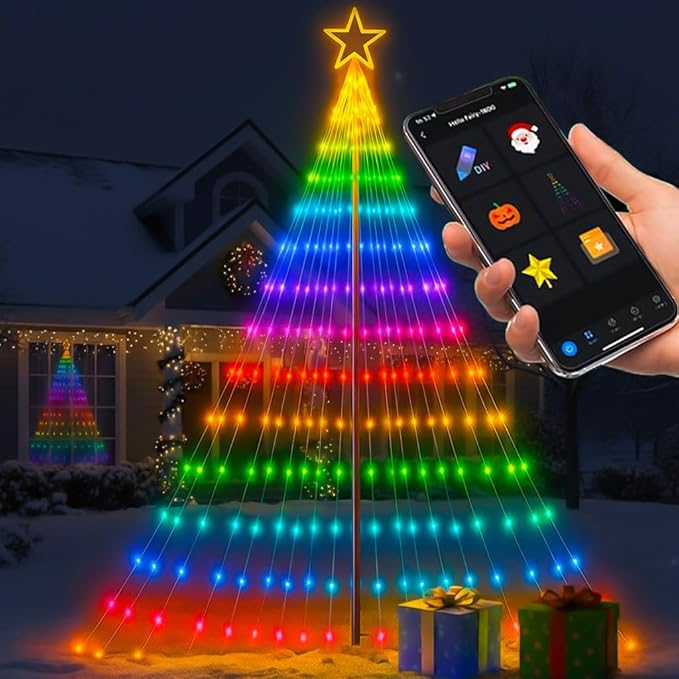 Probro 12FT Outdoor Christmas Tree Lights with Iron Pole, 468 LED RGB Color Changing, APP and Remote Control, IP65 Waterproof, 85+ Lighting Modes for Yard Holiday Xmas Party Outside Decorations
