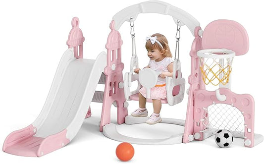 KORIMEFA 5-in-1 Kids Slide and Swing Set, Toddler Slide with Basketball Hoop, Swing, Outdoor Indoor Playground for Toddlers 1-3 (5 in1-Pink)
