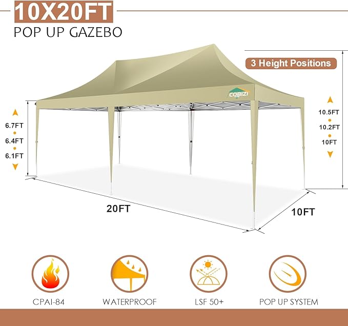 COBIZI 10x20 Pop Up Canopy with 6 Sidewalls,10x20 Canopy Tent Frame Upgraded with 3 Adjustable Heights,Waterproof UV50+ Outdoor Party Commercial Ez Up Gazebos with Carry Bag(10 x 20 ft Khaki)