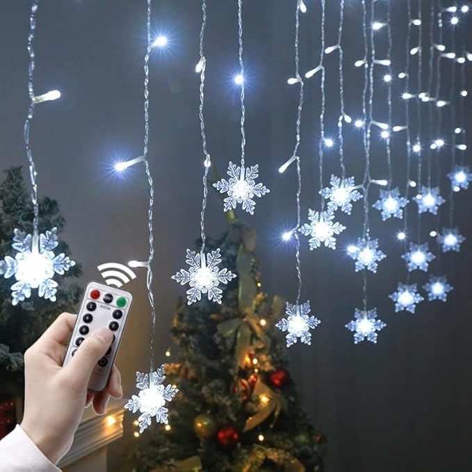 LED Christmas Curtain Lights,Snowflake Lights Decorations with Remote Control,USB Powered 24 Snowflakes 120 LEDs Window String Lights with 8 Modes Decor Christmas Wedding Party Wall Home Decor