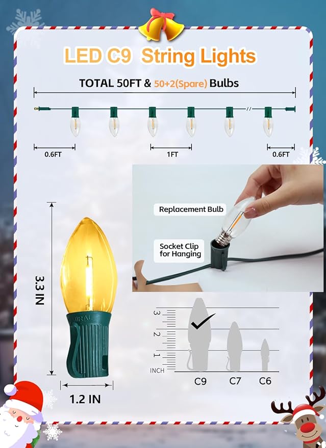 C9 LED Christmas String Lights Outdoor, 50FT 50+2 LED 2700K Warm White Waterproof C9 String Lights, Plug-in Extendable Green Wire Lights for Roofline Patio Backyard Party Xmas Decoration