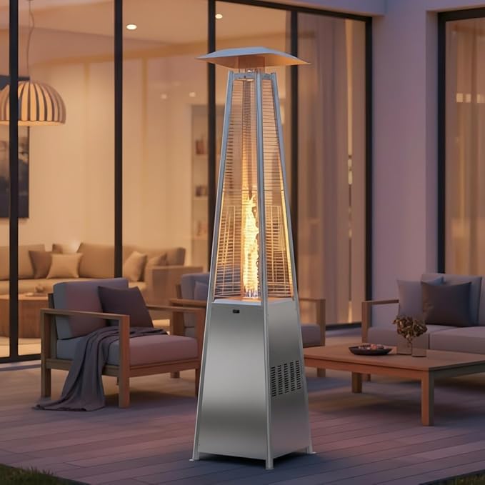 Sundale Pyramid Patio Heater, 48,000 BTU Propane Outdoor Heater with Wheels and Tip-Over Protection, Thickened Glass Tube Patio Heaters for Outdoor Use, Commercial & Residential (Sliver)