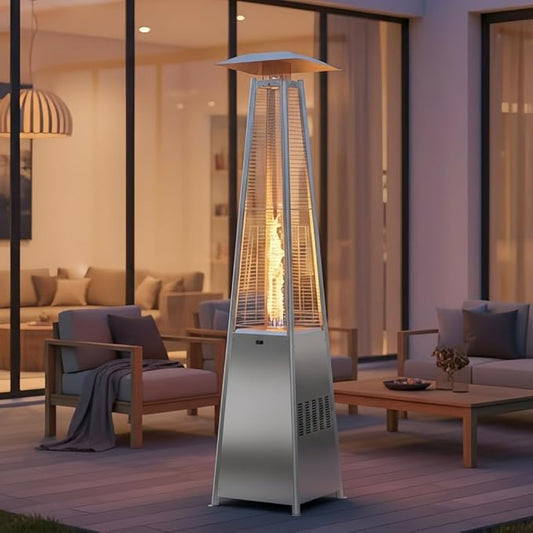 Sundale Pyramid Patio Heater, 48,000 BTU Propane Outdoor Heater with Wheels and Tip-Over Protection, Thickened Glass Tube Patio Heaters for Outdoor Use, Commercial & Residential (Sliver)