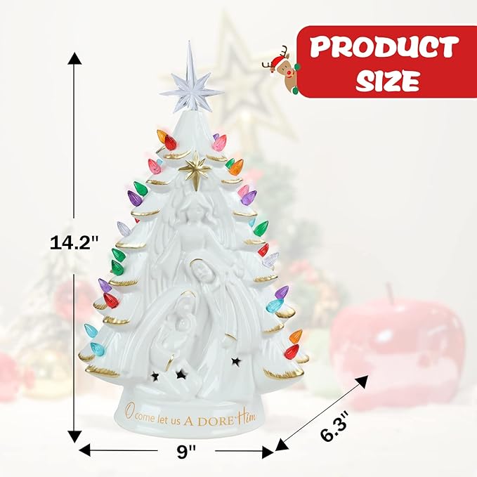Ceramic Christmas Tree Nativity 14 Inch Tabletop Christmas Tree Vintage Christmas Decoration Battery Operated White XmasTree with Multicolored Lights and Star