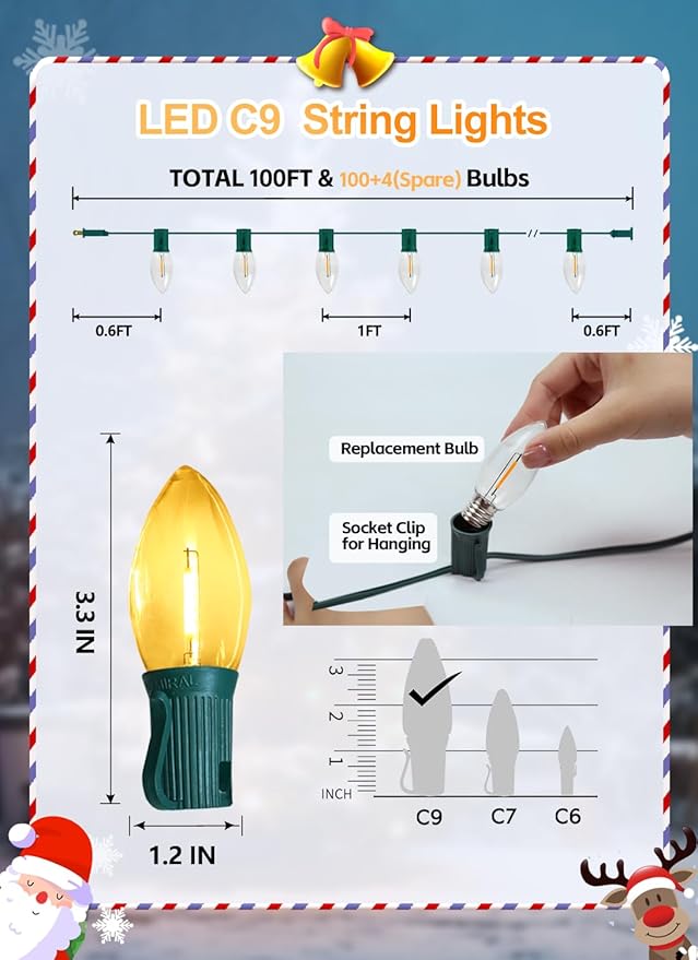 C9 LED Christmas String Lights Outdoor, 100FT 100+4 LED 2700K Warm White Waterproof C9 String Lights, Plug-in Extendable Green Wire Lights for Roofline Patio Backyard Party Xmas Decoration