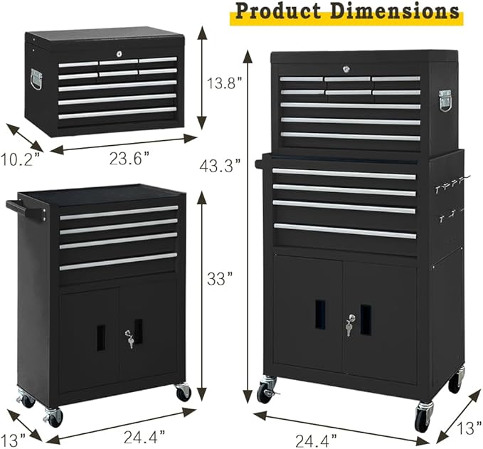 13-Drawer Rolling Tool Chest with Double Door Handle, 2 in 1 Detachable Tool Chest, Large Tool Storage with Wheels, Lockable Tool Cabinet for Garage, Barbershop-Black