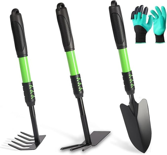 Garden Tool Set, 4 Pack Gardening Tools, Stainless Steel Heavy Duty Hand Cultivator, Hoes, Shovel, for Planting Weeding Digging, Gardening Gifts for Women, Green