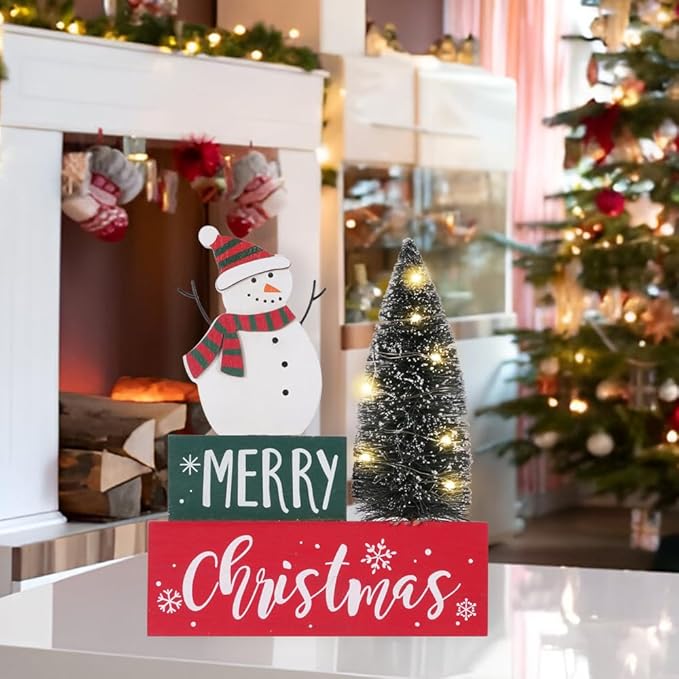 Christmas Decorations for Home LED Lighted Christmas Tree Decor with Timer Farmhouse Snowman Wooden Table Sign Vintage Holiday Xmas Party Winter Tiered Tray Signs