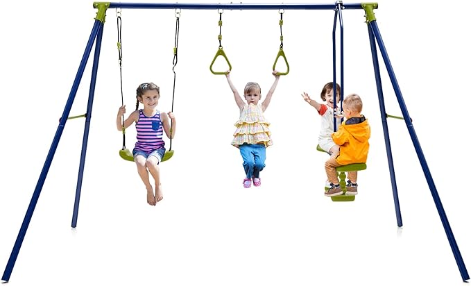 GLACER 440 LBS Heavy-Duty A-Frame Swing Set, 3-in-1 Swing Set w/1 U-Shaped Swing, 1 Glider, 2 Gym Rings, Multifunctional Activity Playset for Backyard, Garden, Park